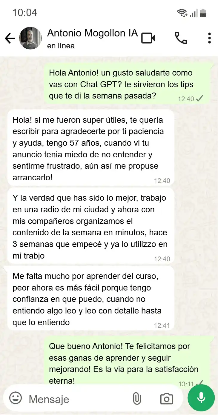 Testimonio real de WhatsApp de Antonio, periodista de radio, sobre el uso de IA con el sistema