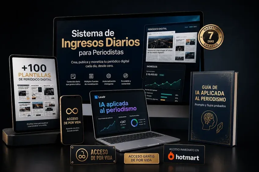 Todo lo que incluye: el curso, las 100 plantillas de periódico digital, la Guía de IA aplicada al Periodismo, el acceso a Leadr y la garantía de 7 días
