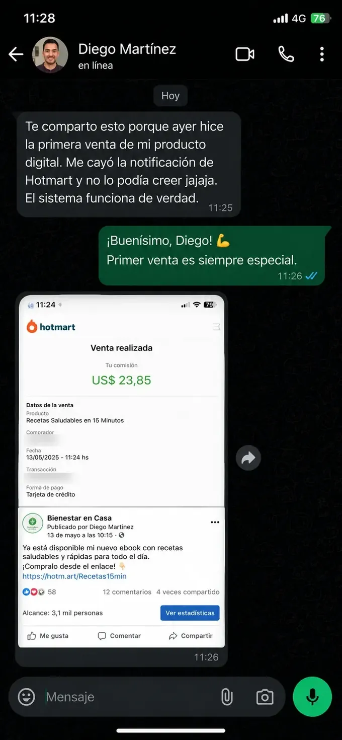Testimonio de Diego Martínez: captura de WhatsApp con la notificación de Hotmart por la primera venta de su producto digital