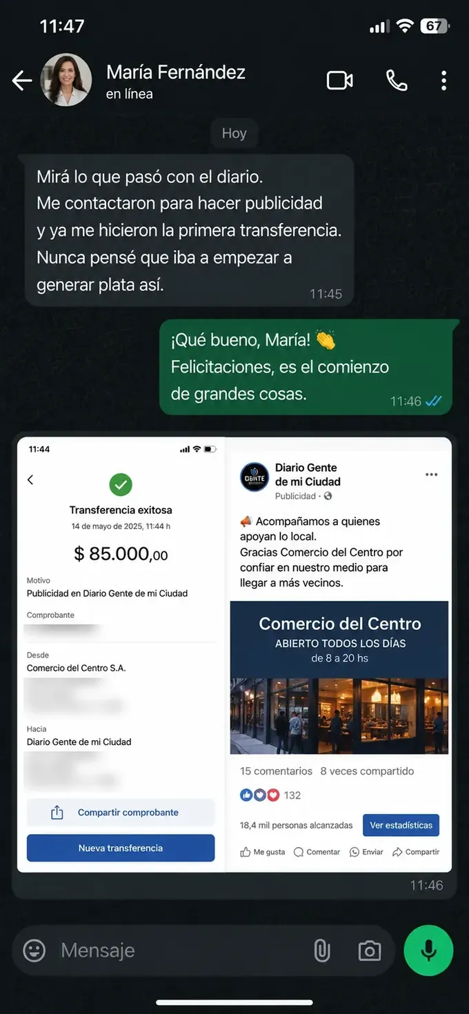 Testimonio de María Fernández: captura de WhatsApp con la transferencia de un comercio que contrató publicidad en su diario